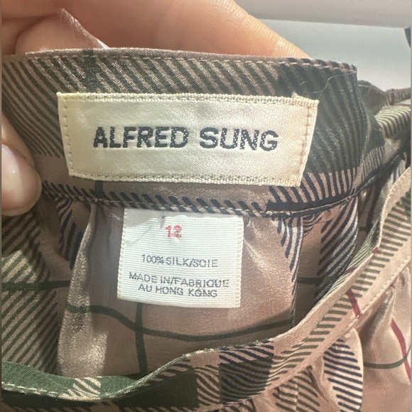 Vintage Alfred Sung 100% Silk Skirt Hong Kong, Plaid Print, Button-Up Side SZ 12 - Picture 3 of 5